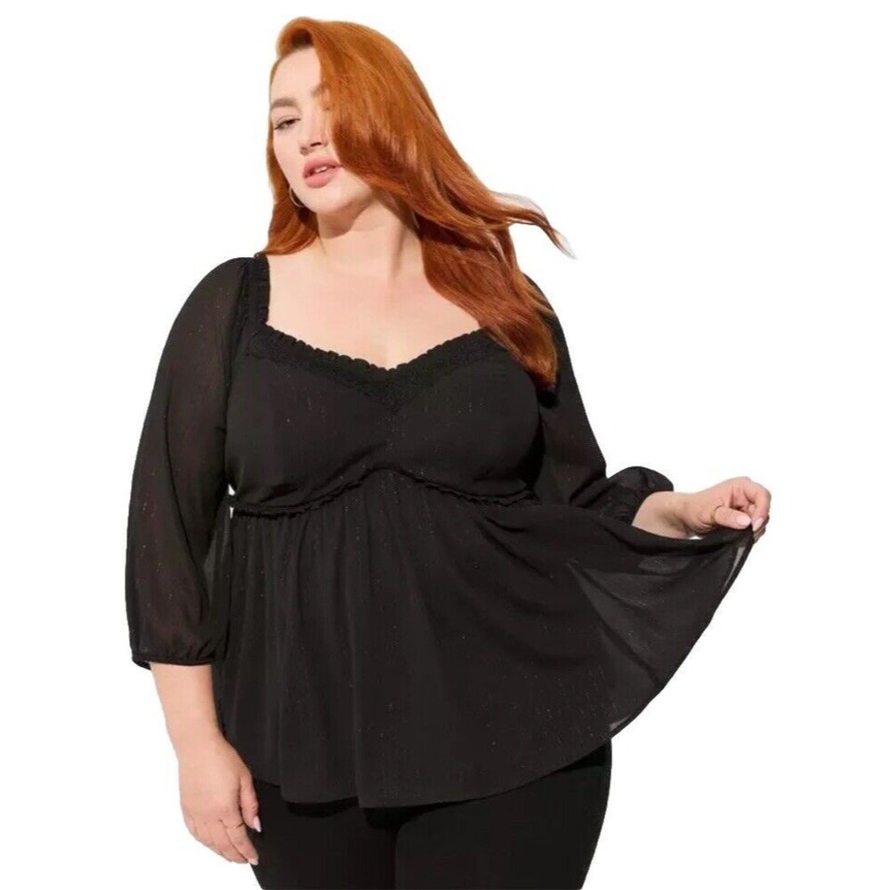 Torrid Babydoll Crinkle Chiffon Blouson Sleeve Top Black Witchy 0/Large NWT's